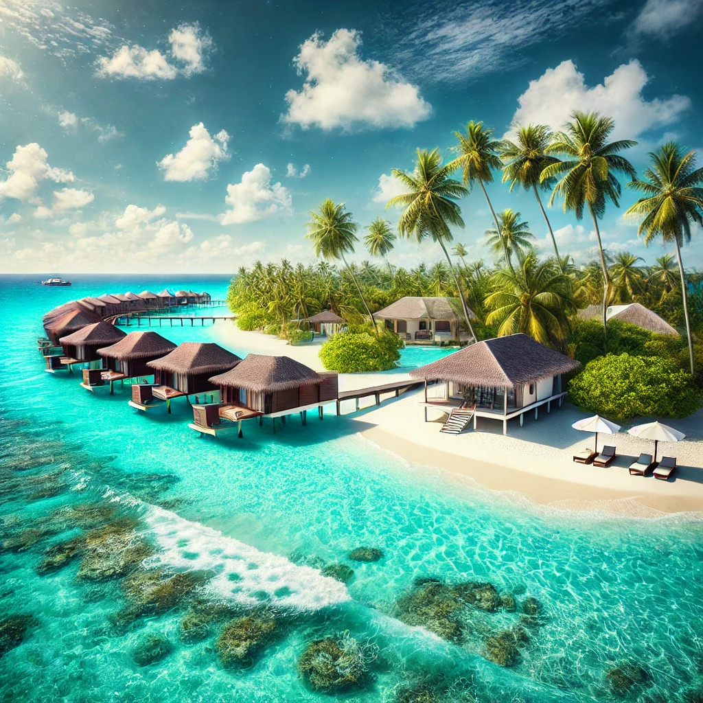 A dreamlike scene unfolds: a palm-fringed, dazzling turquoise beach with elegant overwater bungalows hovering above the sea. This is where serenity and luxury meet in perfect harmony – just one step into the water, and you’re already in paradise.