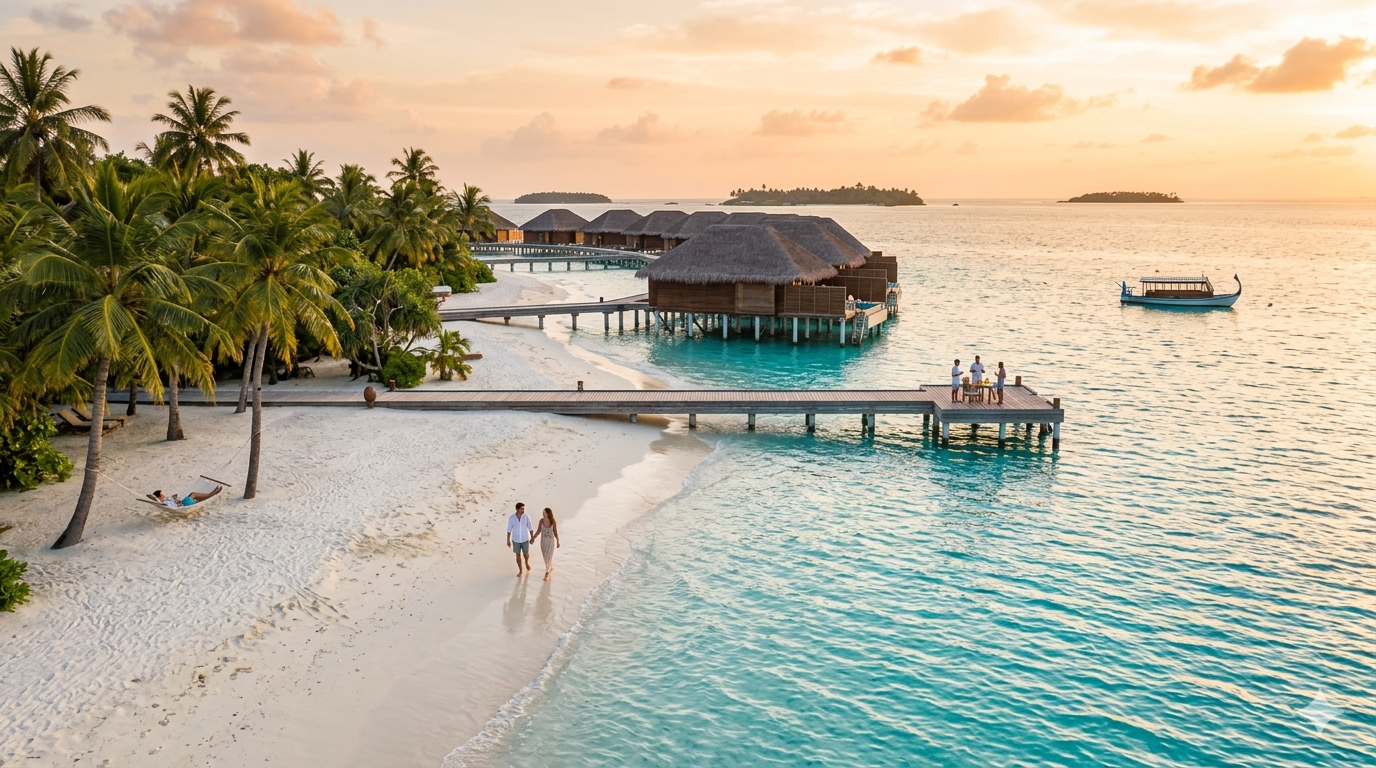 The magical blue waters of the Maldives and the iconic overwater bungalows create a stunning view, with palm trees in the background evoking the perfect tropical escape. This unmatched scenery offers a true luxury experience, where tranquility meets the breathtaking beauty of nature.