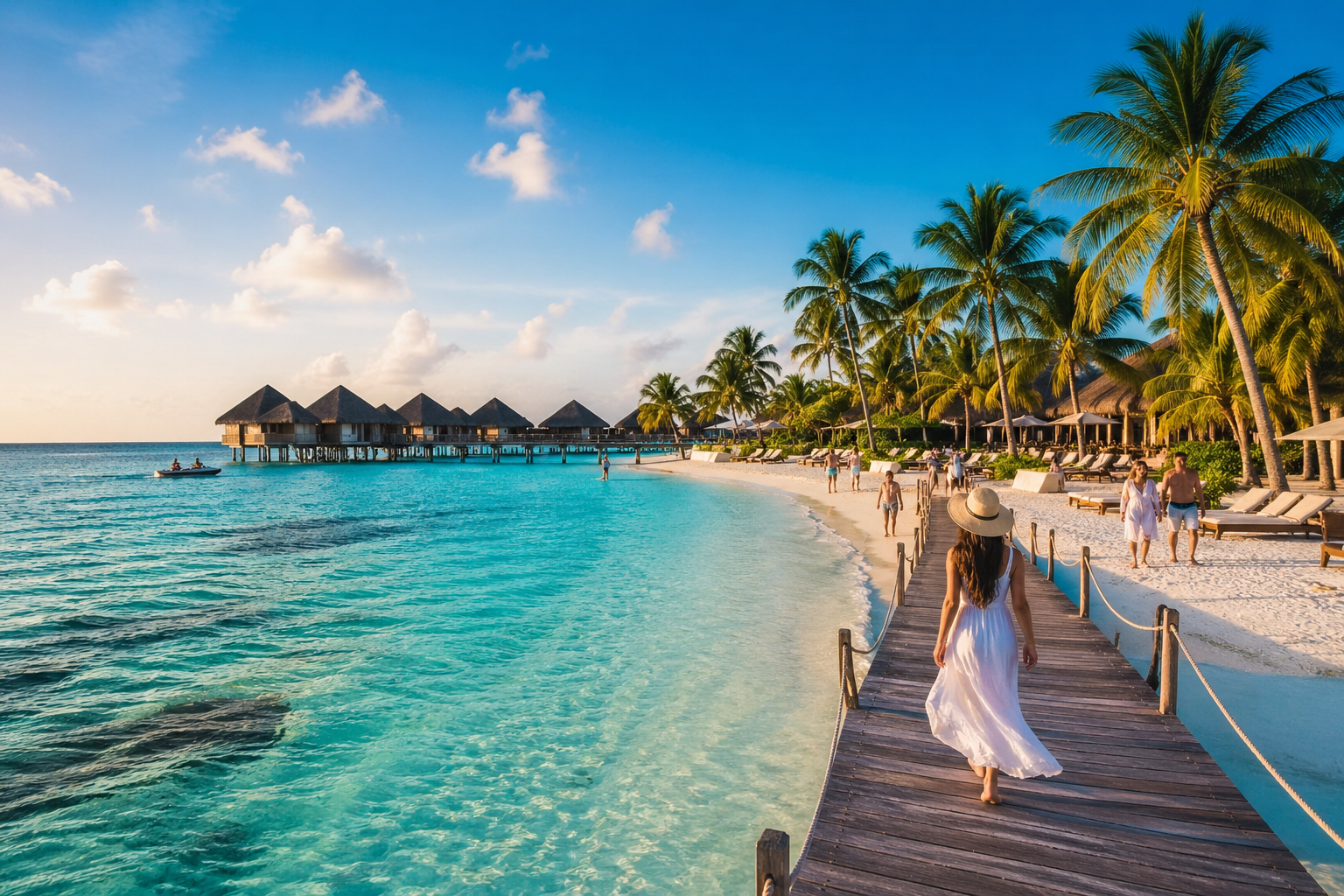 A dreamlike scene unfolds: a palm-fringed, dazzling turquoise beach with elegant overwater bungalows hovering above the sea. This is where serenity and luxury meet in perfect harmony – just one step into the water, and you’re already in paradise.