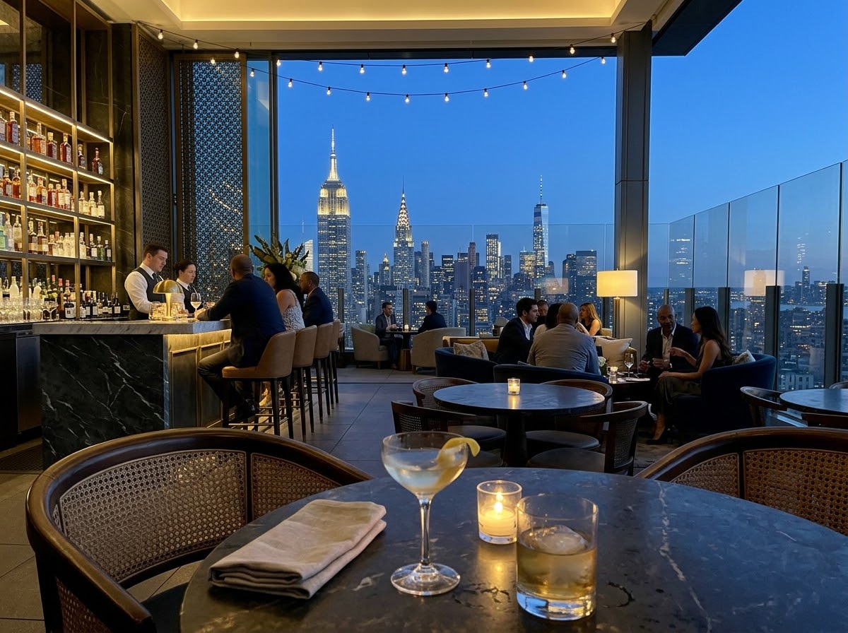 Luxury boutique hotel rooftop lounge overlooking NYC skyline at twilight
