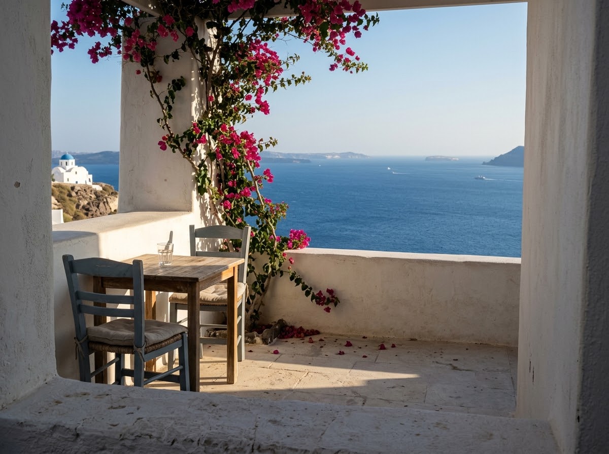 Charming luxury boutique hotel courtyard in Santorini with ocean view