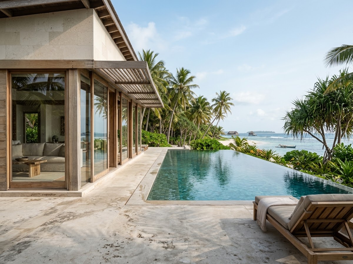 Exclusive beachfront luxury villa with turquoise sea in French Polynesia