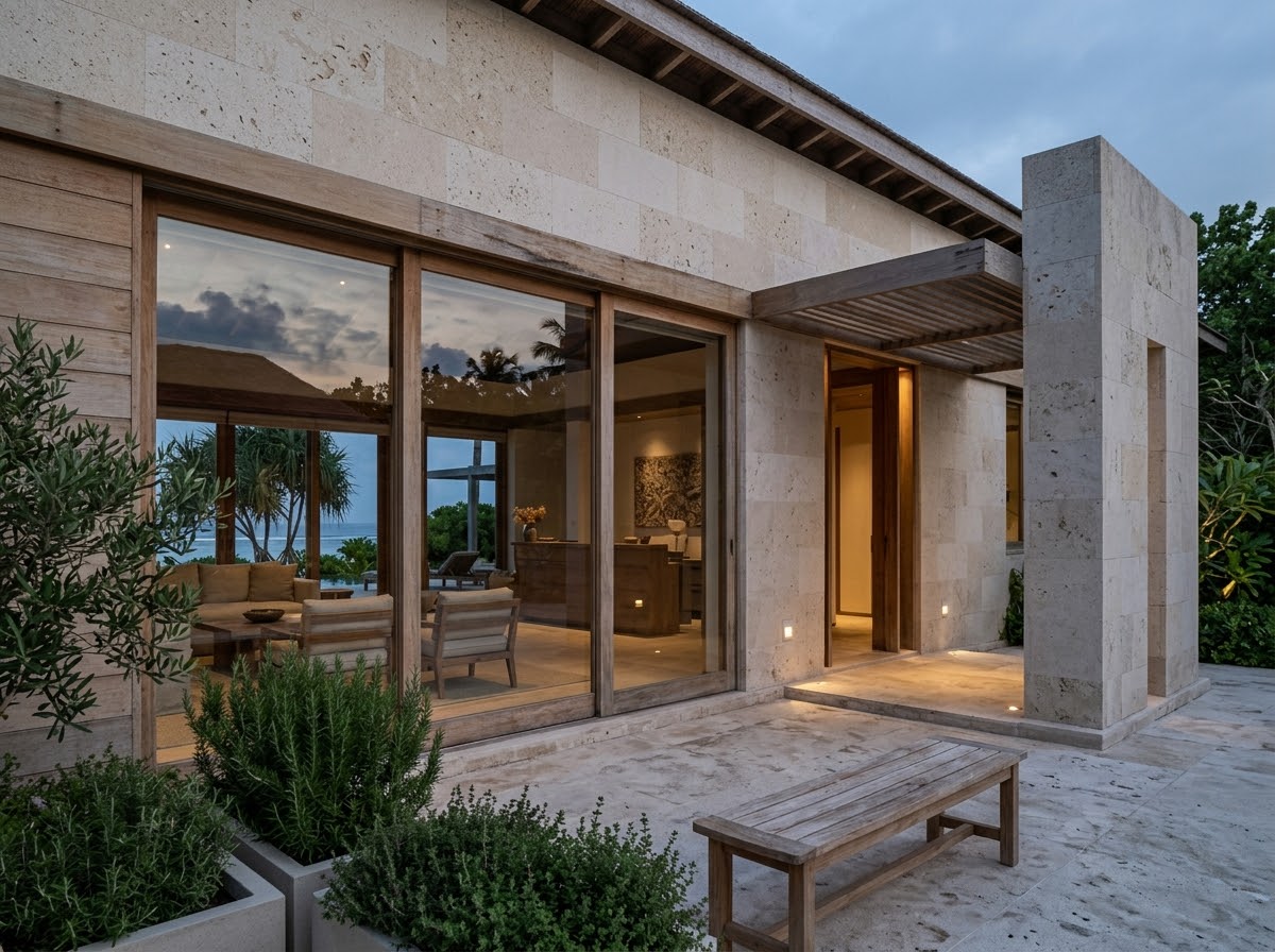 Minimalist luxury hotel architectural detail with elegant stone and glass facade
