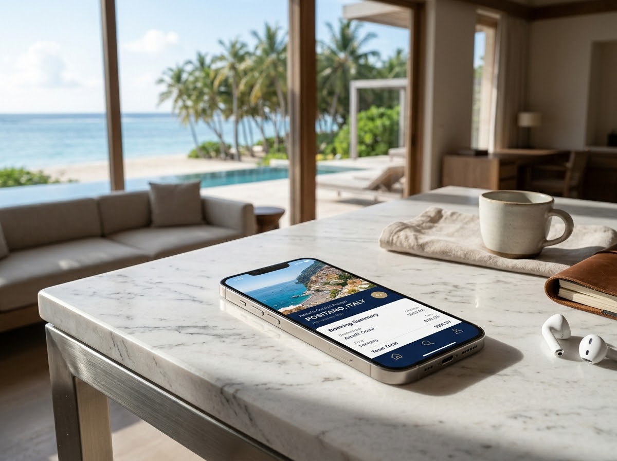 Smartphone displaying luxury travel booking app on a clean marble surface