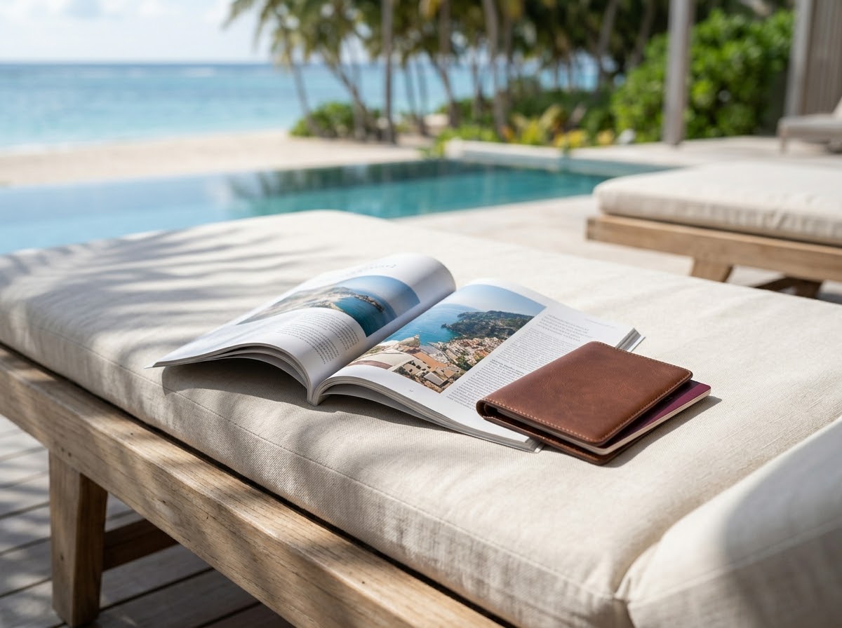 High-end travel magazine and passport on a luxury resort sun lounger