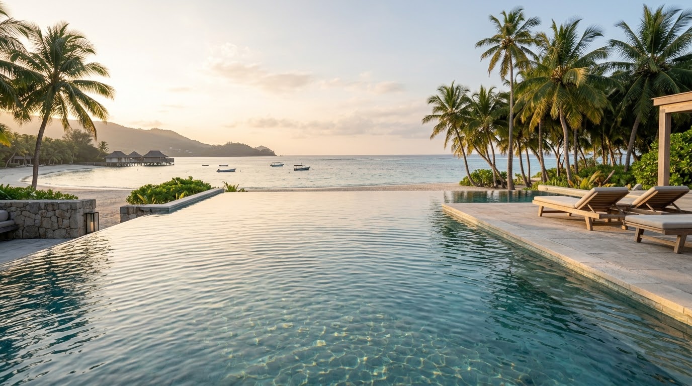 Luxury tropical resort infinity pool with ocean view during golden hour sunset