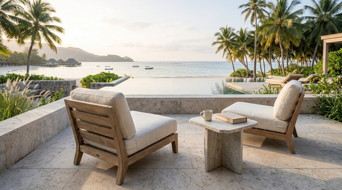 Minimalist oceanfront luxury terrace with elegant neutral lounge seating